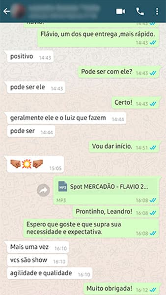 Avaliação feita por um de nossos clientes no Whatsapp